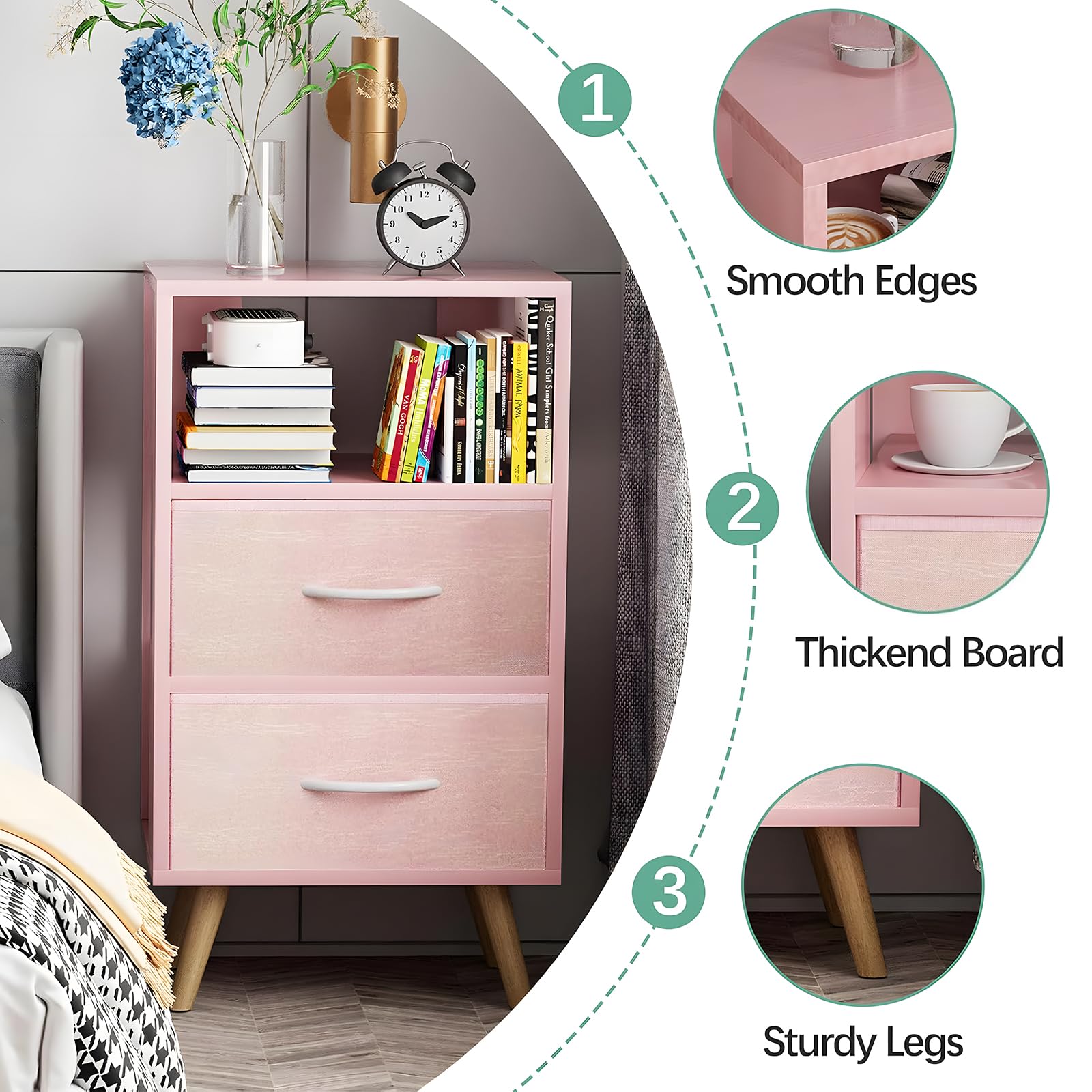 3-Tier Nightstand with Fabric Drawers
