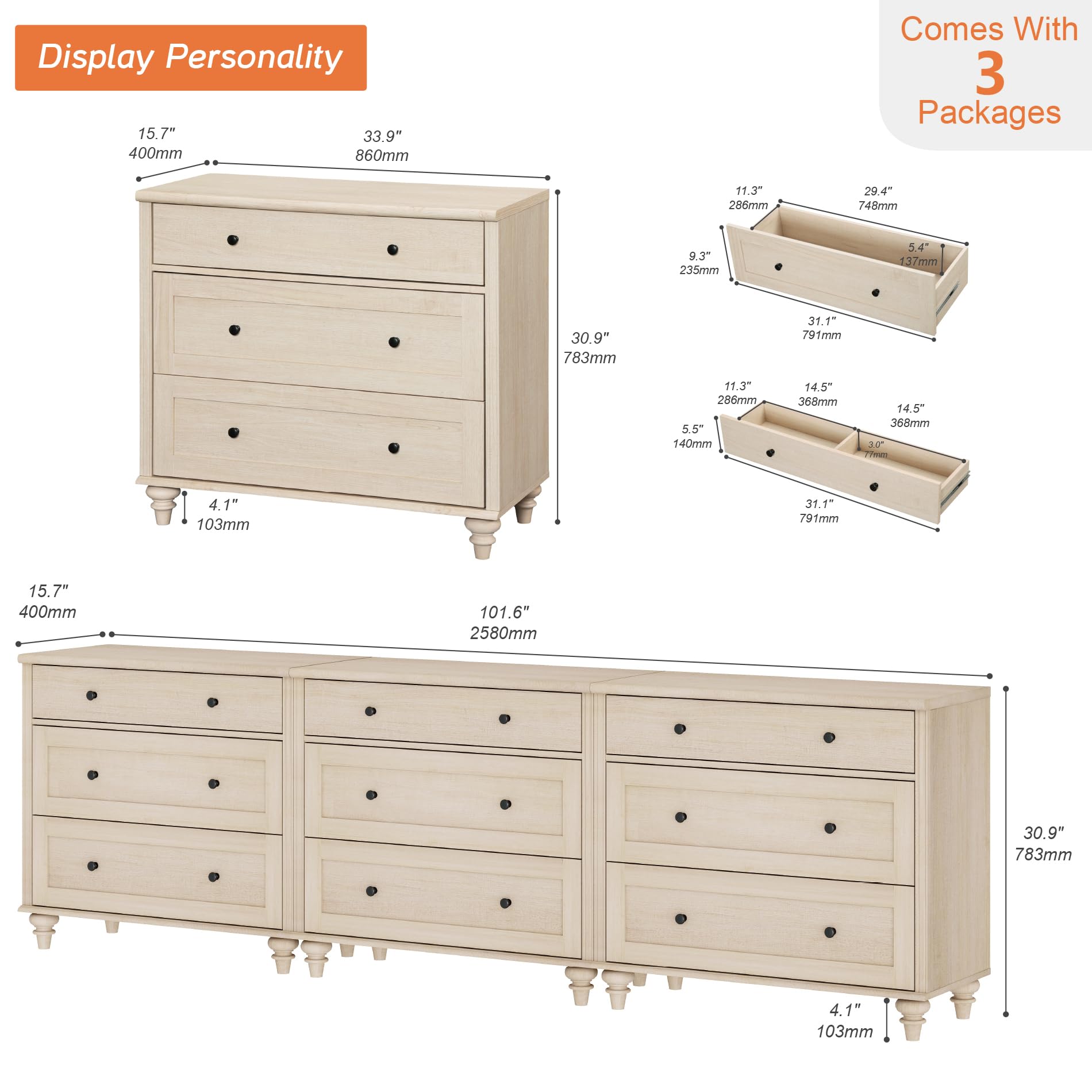 WAMPAT Kids Dresser with 9 Drawers, Baby Dressers with Wide Chest of Drawers, Mid Century Modern Wooden Closet Storage Organizer, Large Wood Dressers for Bedroom, Nursery, Hallway, Beige, 102 inch