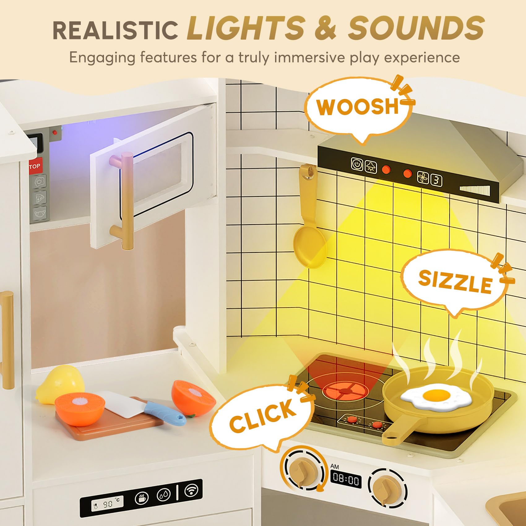 Wooden Play Kitchen with Lights and Sounds for Kids