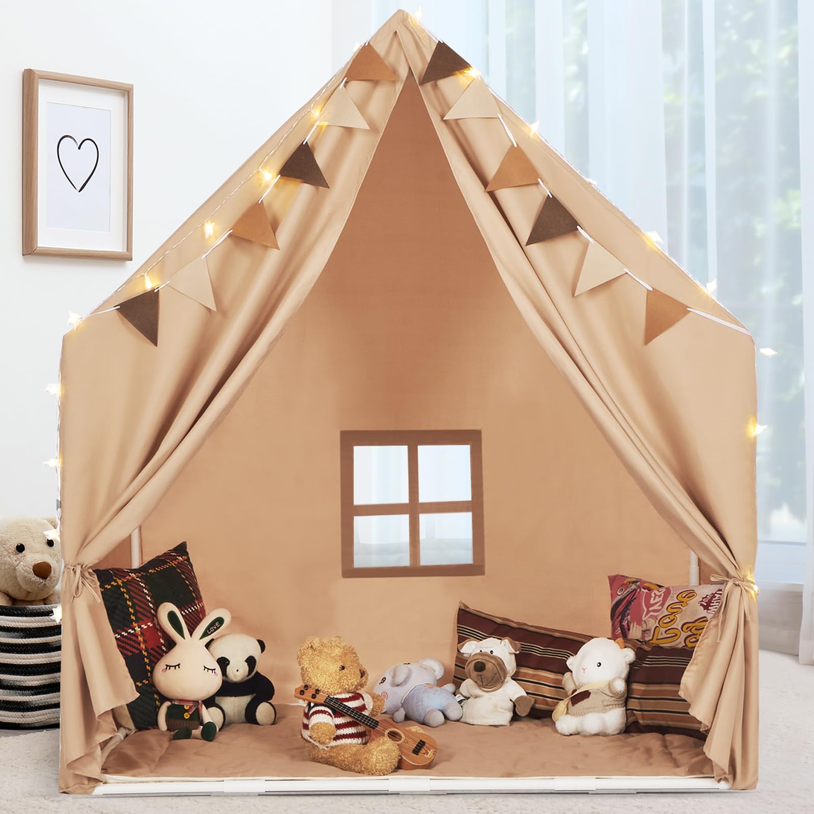 Kids Play Tent with Padded Mat & Star LED Lights for Ages 4-8-10 Year Old Girls Boys