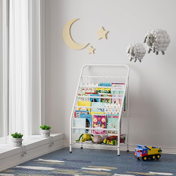 Bookshelf for Toddlers, 4-Tier Metal Kids Bookshelves Rack with Toy