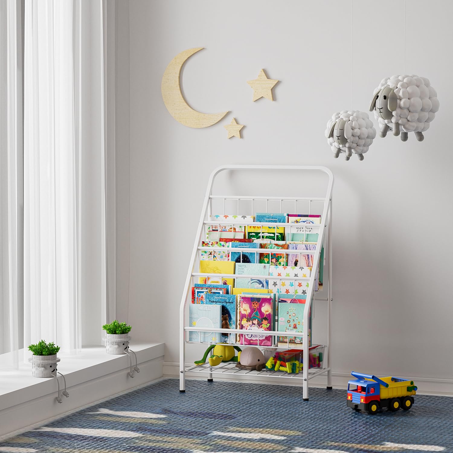 Bookshelf for Toddlers, 4-Tier Metal Kids Bookshelves Rack with Toy