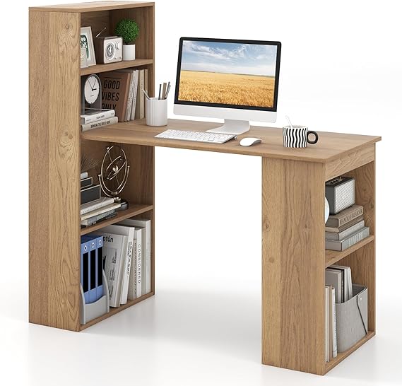 Computer Desk with Bookshelf, Reversible Study Writing Desk