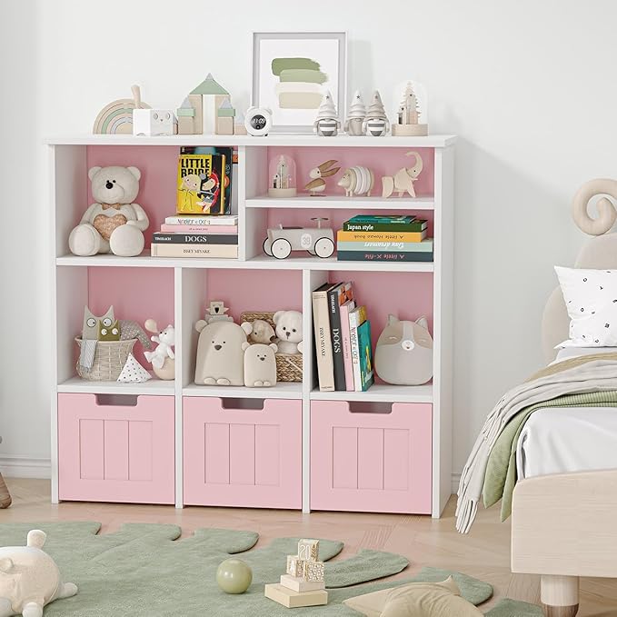 Kids Bookcase Toy Storage Organizer Toy Chest with 3 Movable Drawers & Hidden Wheels