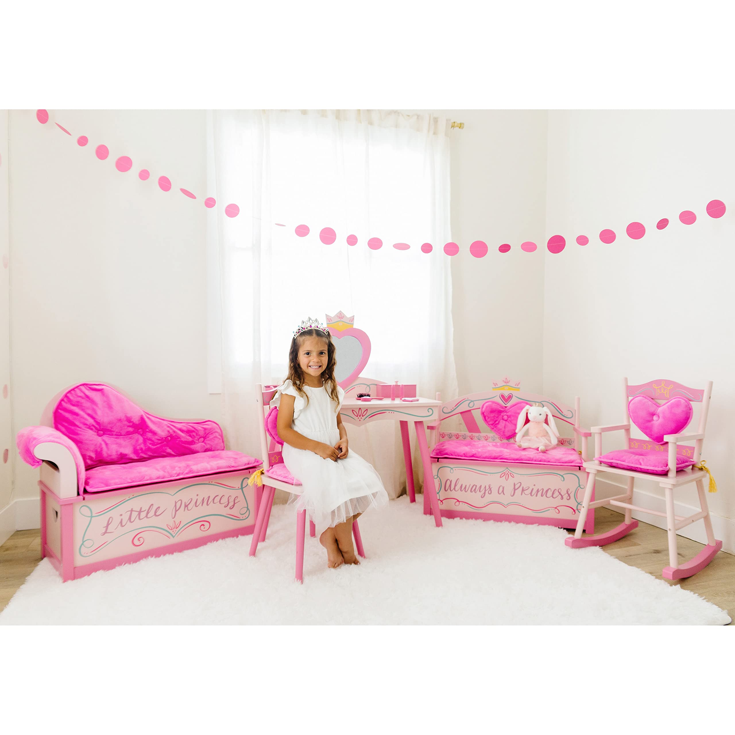 Princess Wooden Storage Bench with Padded Cushion and Safety Hinge