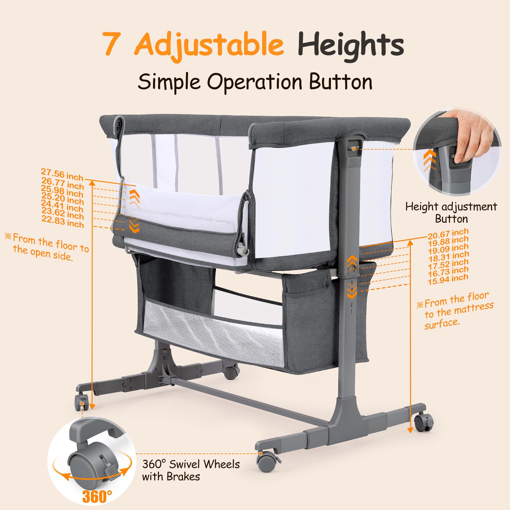 Bedside Bassinet with Adjustable Height and Wheels