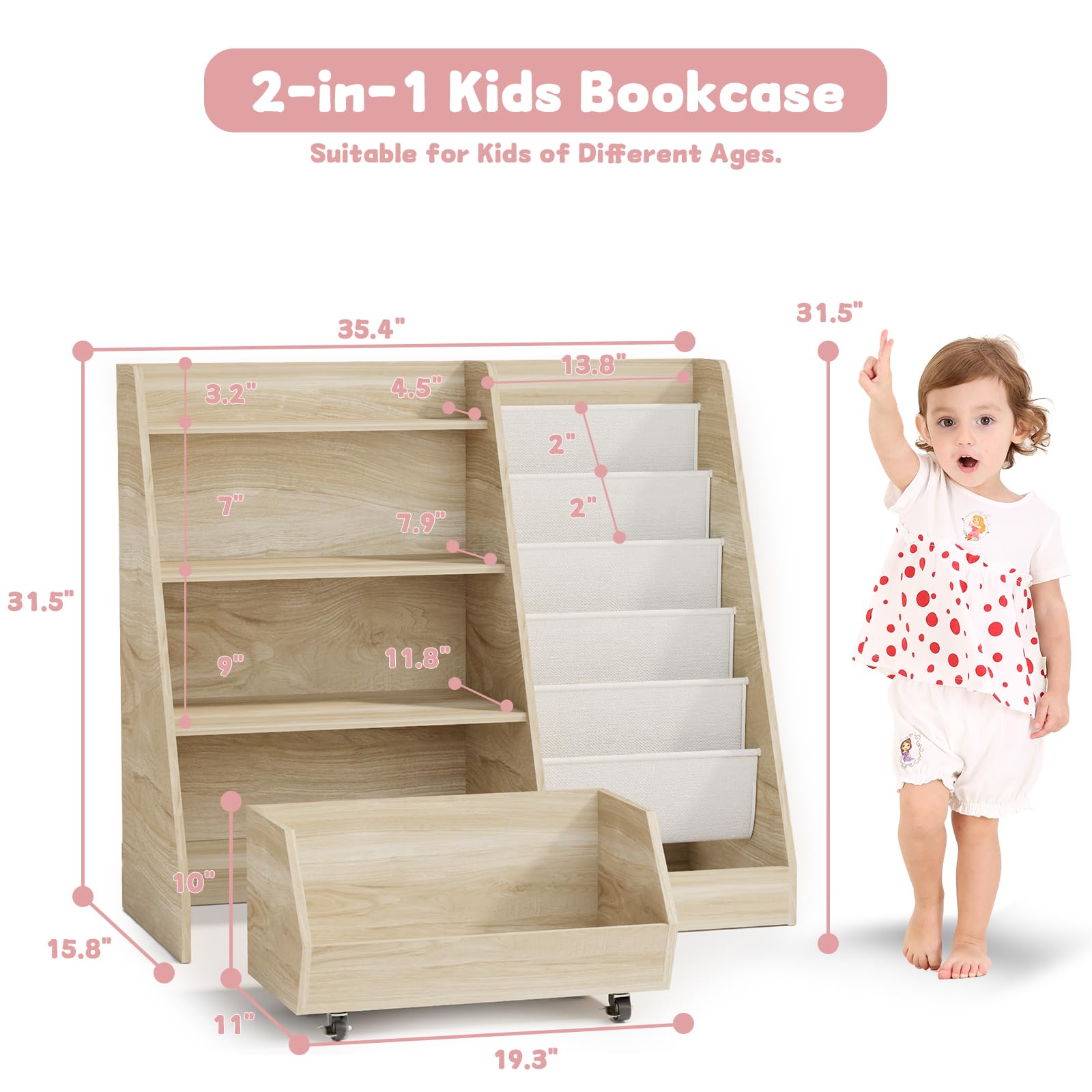 Kids Bookshelf and Toy Storage with Movable Drawer