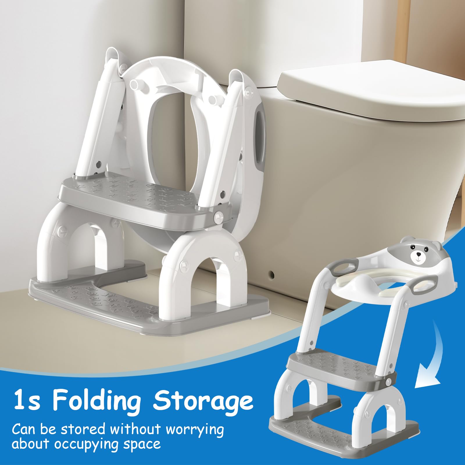 kimitimi Potty Training Seat with Step Stool for Toddlers - Upgrade 2-in-1 Toilet Seat Toilet Ladder for Kids Children Boys Girls, Anti-Slip Pad & Adjustable Height with Waterproof - Grey