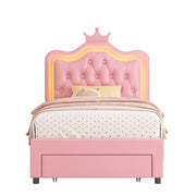 2 Set Twin Upholstered LED Bed Frame with Storage Drawer for Kid