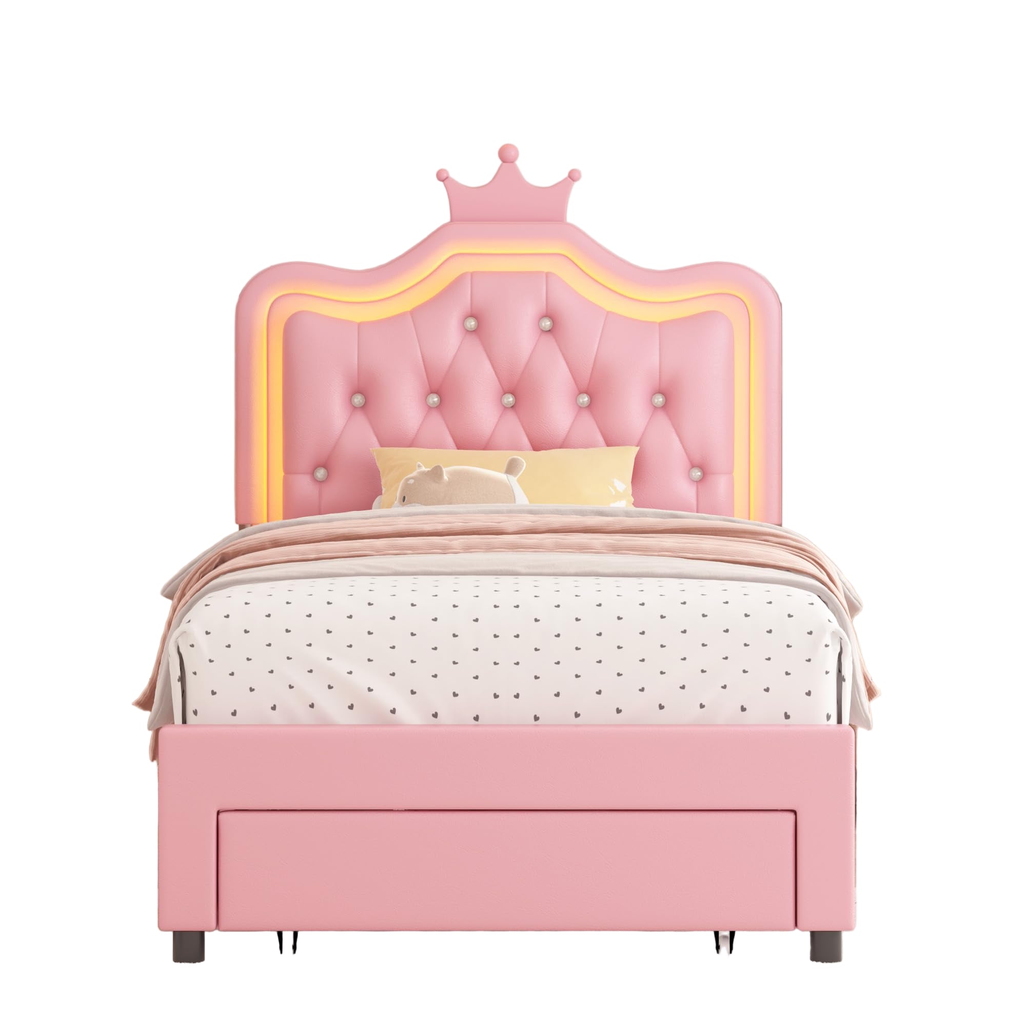 2 Set Twin Upholstered LED Bed Frame with Storage Drawer for Kid