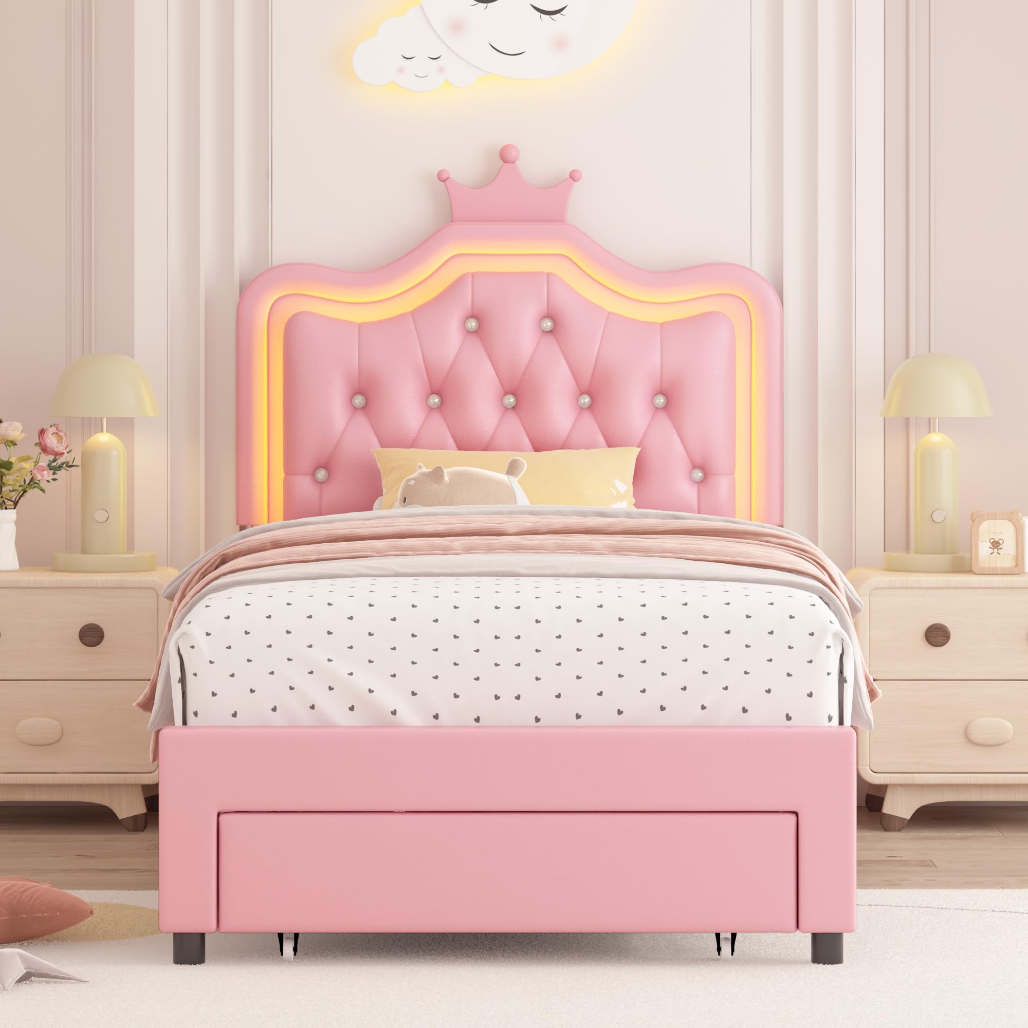 Twin Upholstered LED Bed Frame with Storage Drawer