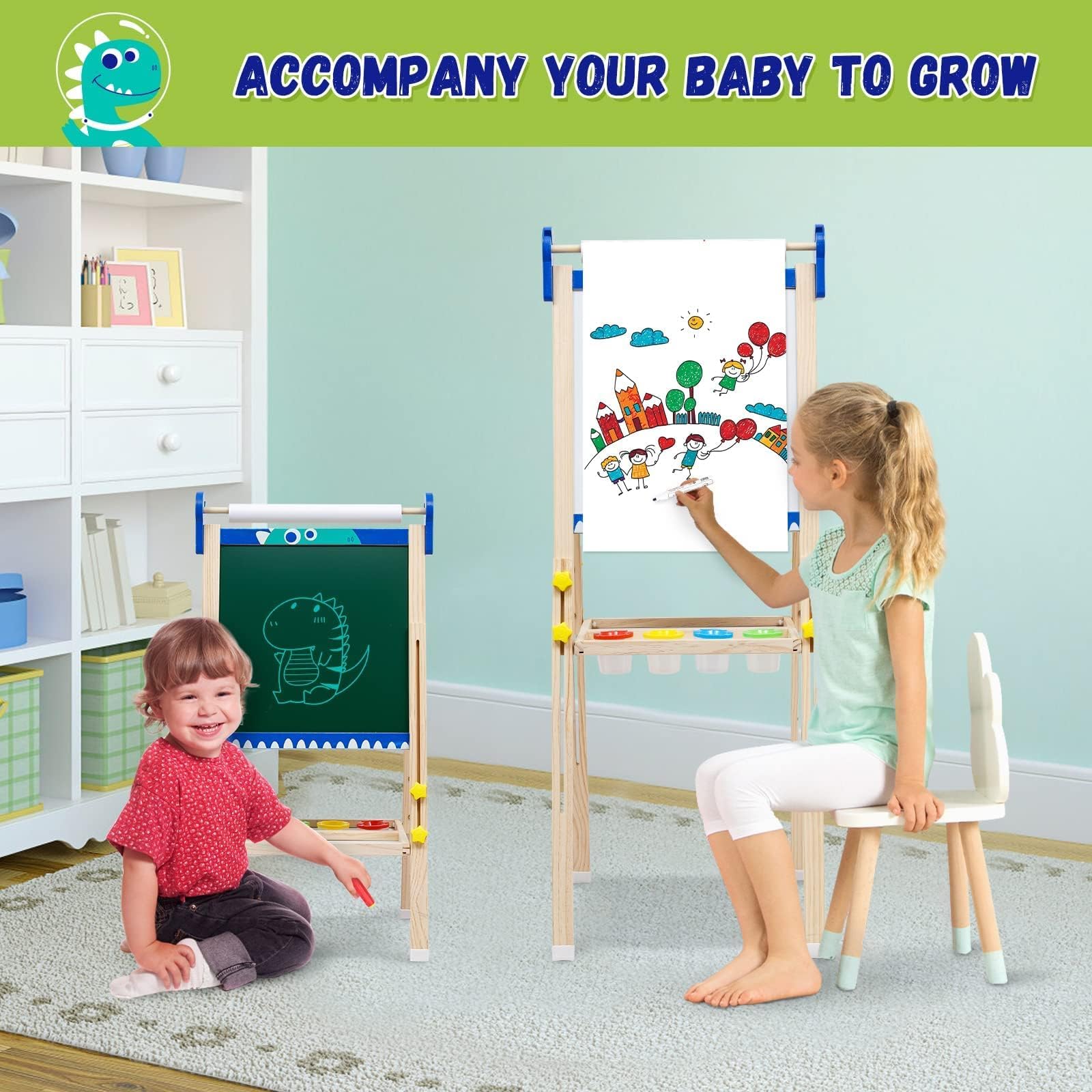 Kids Wooden Art Easel with Paper Roll,Foldable Double-Sided Easel with Whiteboard & Chalkboard,Height-Adjustable Drawing Board for Girls Boys Toddlers Aged 3-5/4-8,Ideal Gift for Christmas,Birthday