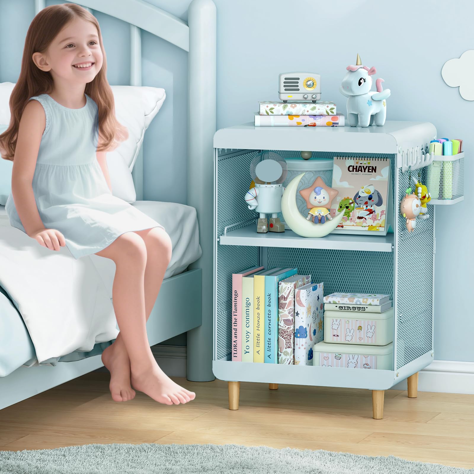 Kids Mint Green Nightstand with Storage Shelves