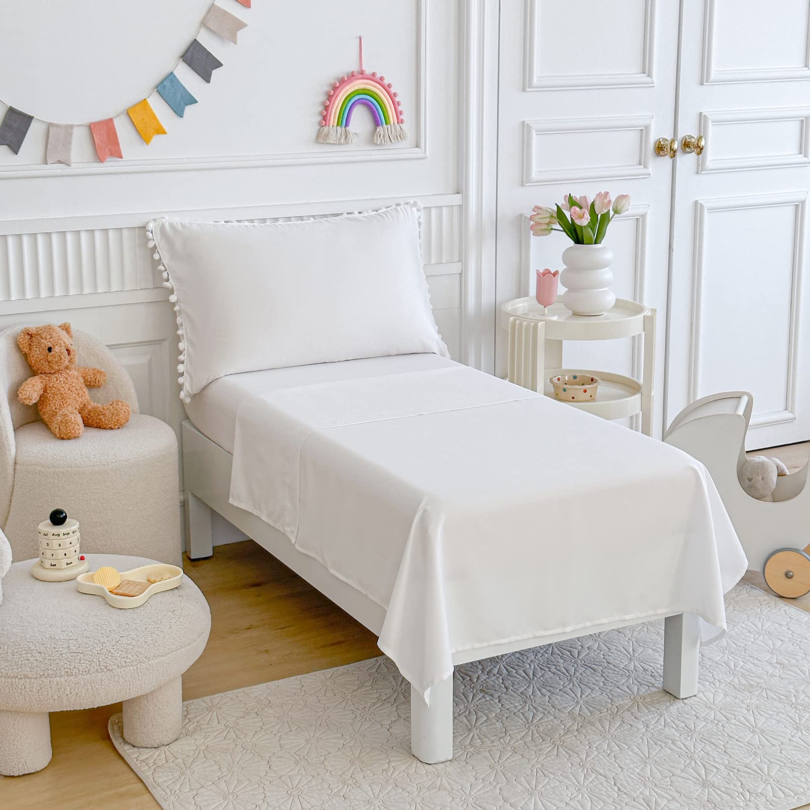 Toddler Bedding Set 4 Piece Boho Pom Pom Fringe White