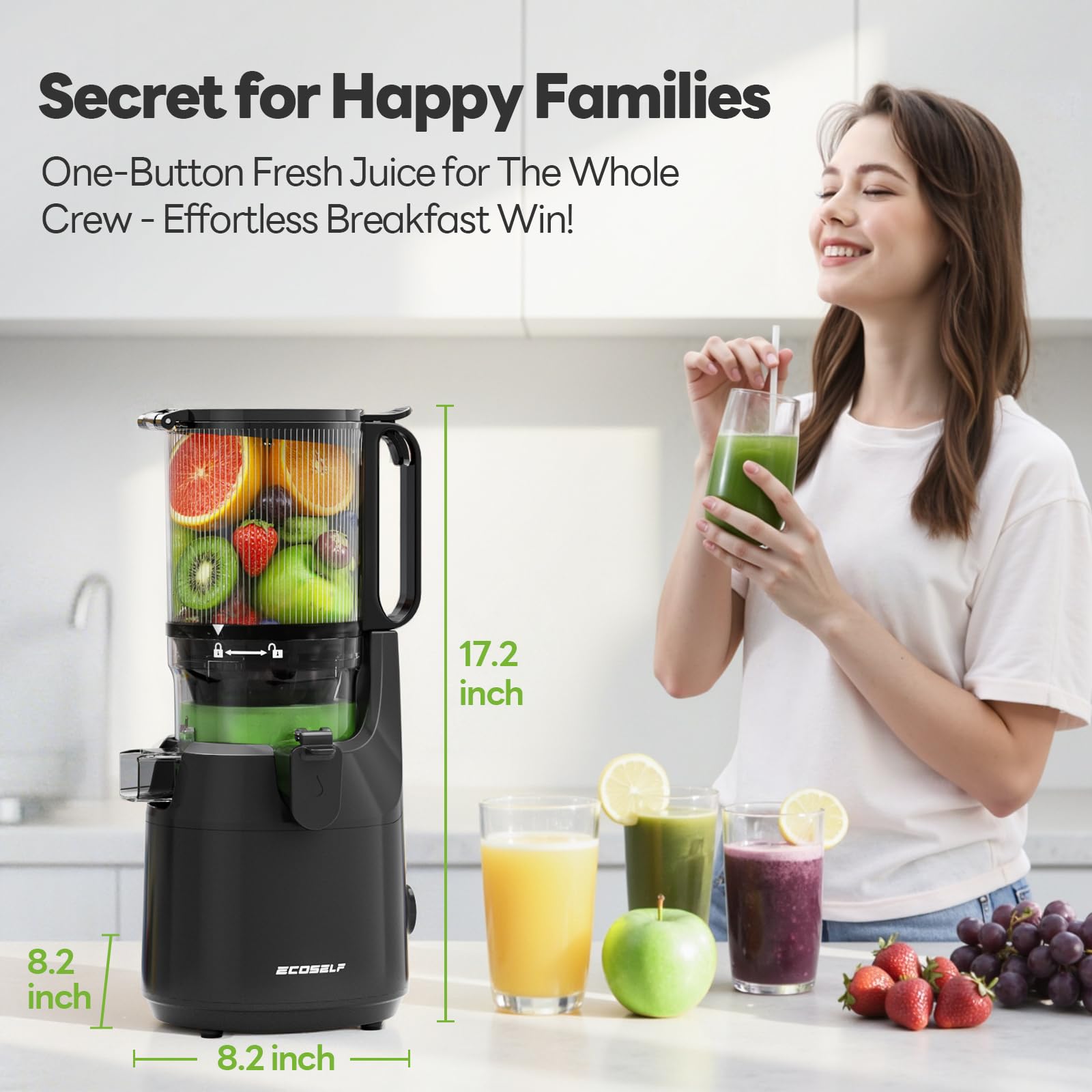 ECOSELF Juicer Machines with 5.3" Mega Mouth & Large Feed Chute, Cold Press Juicer for Whole Fruits & Vegetables, Professional Slow Masticating juicer for Batch Juicing, High Juice Yield Easy to Clean