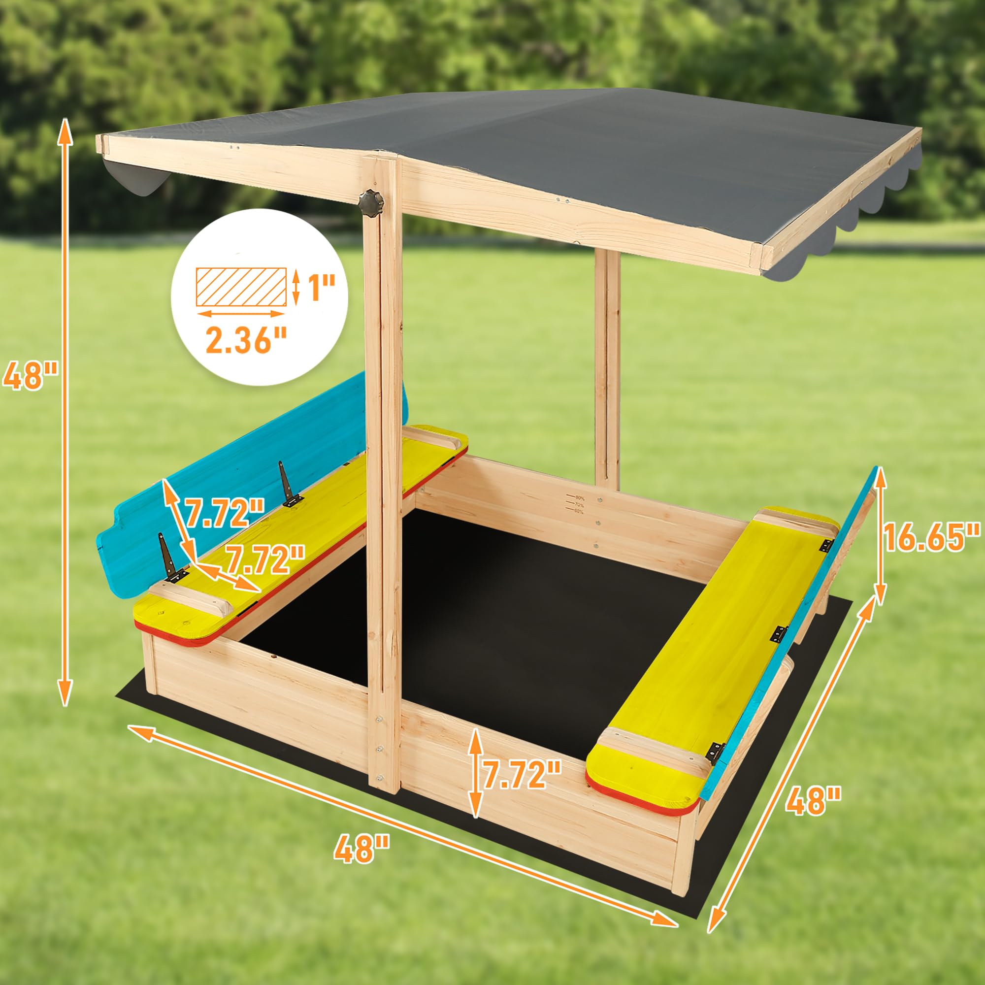 Wooden Sandbox with Canopy and Bench Seats