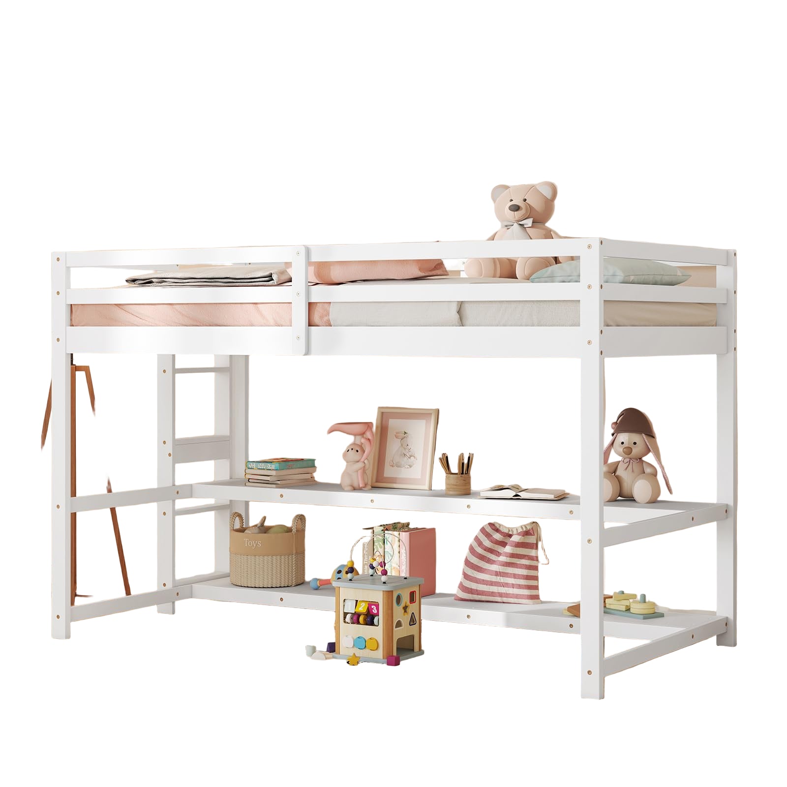 Twin Low Loft Bed with Storage Shelves, Wooden Loft Bed with Full-Length