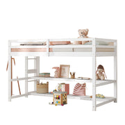 Twin Low Loft Bed with Storage Shelves, Wooden Loft Bed with Full-Length