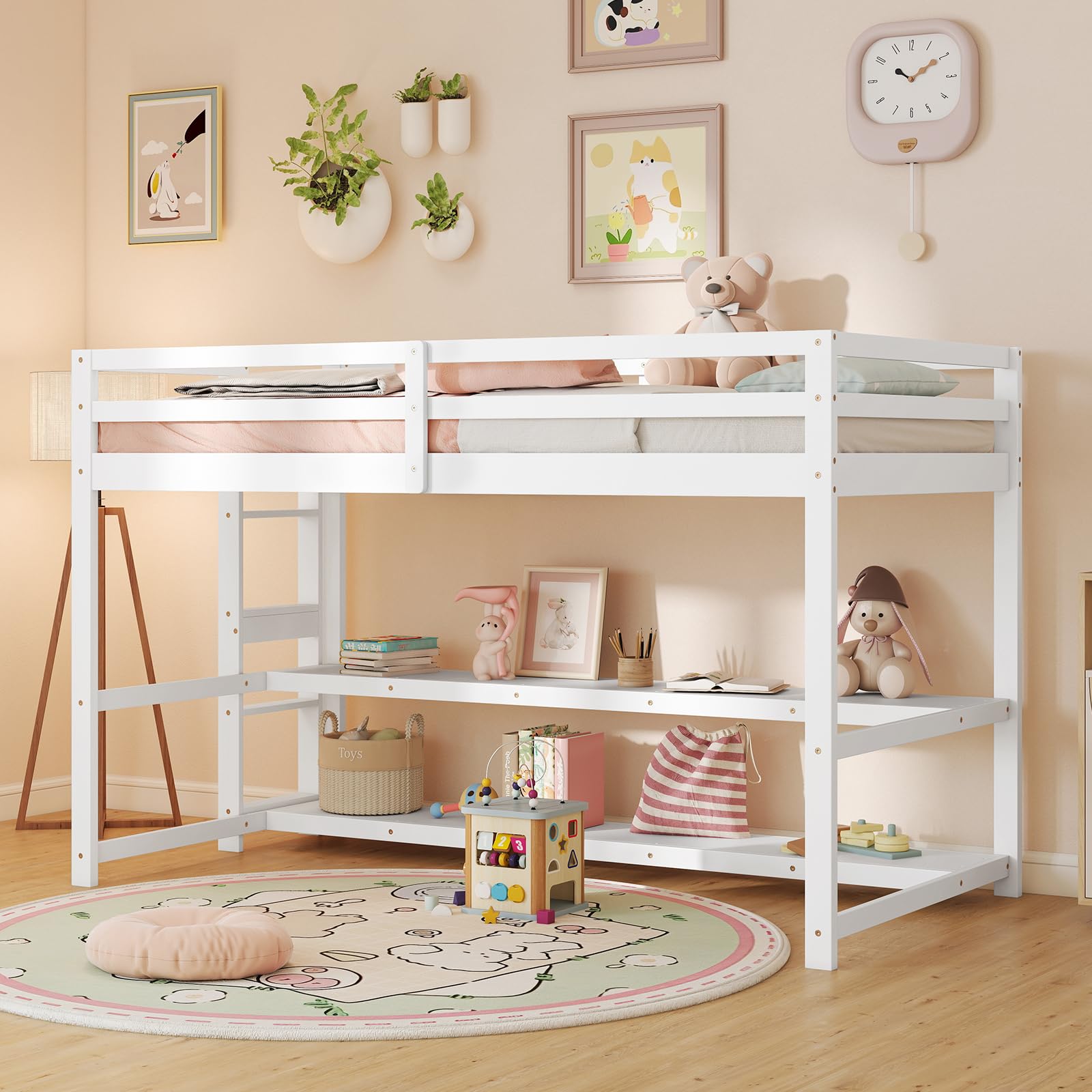 Twin Low Loft Bed with Storage Shelves and Ladder