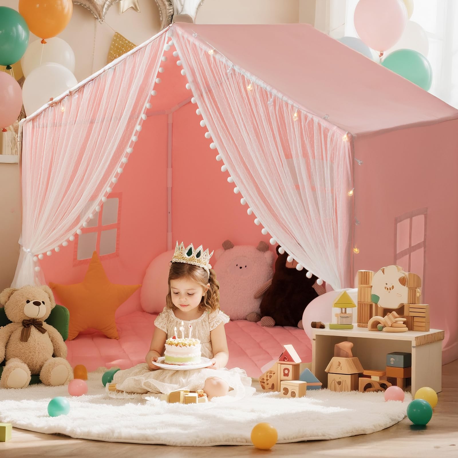 Large Kids Play Tent with Padded Mat and Star Lights