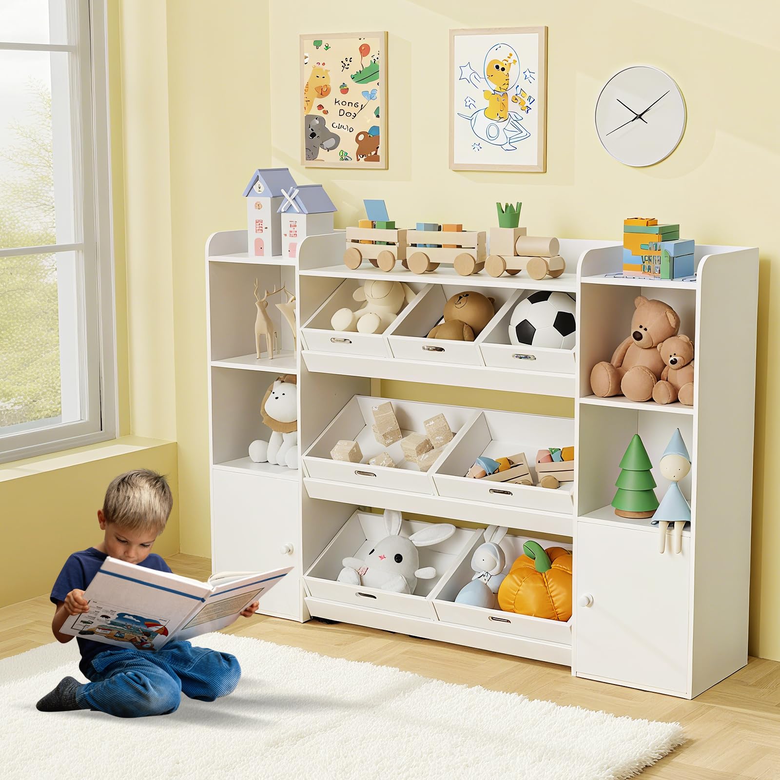 Toy Storage Organizer, White Wooden Bookshelf with 7 Storage Boxes