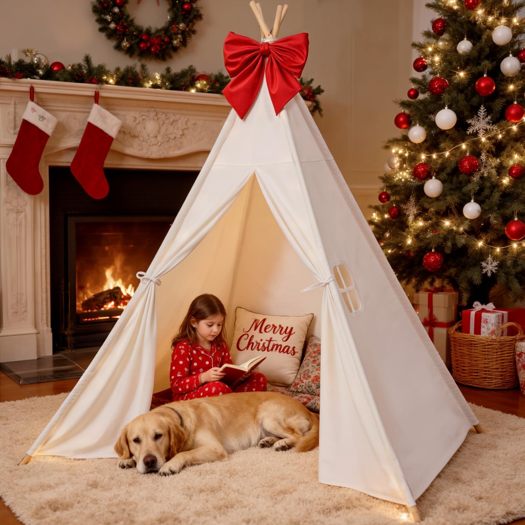 Cotton Canvas Kids Teepee Tent with Lights and Carry Bag