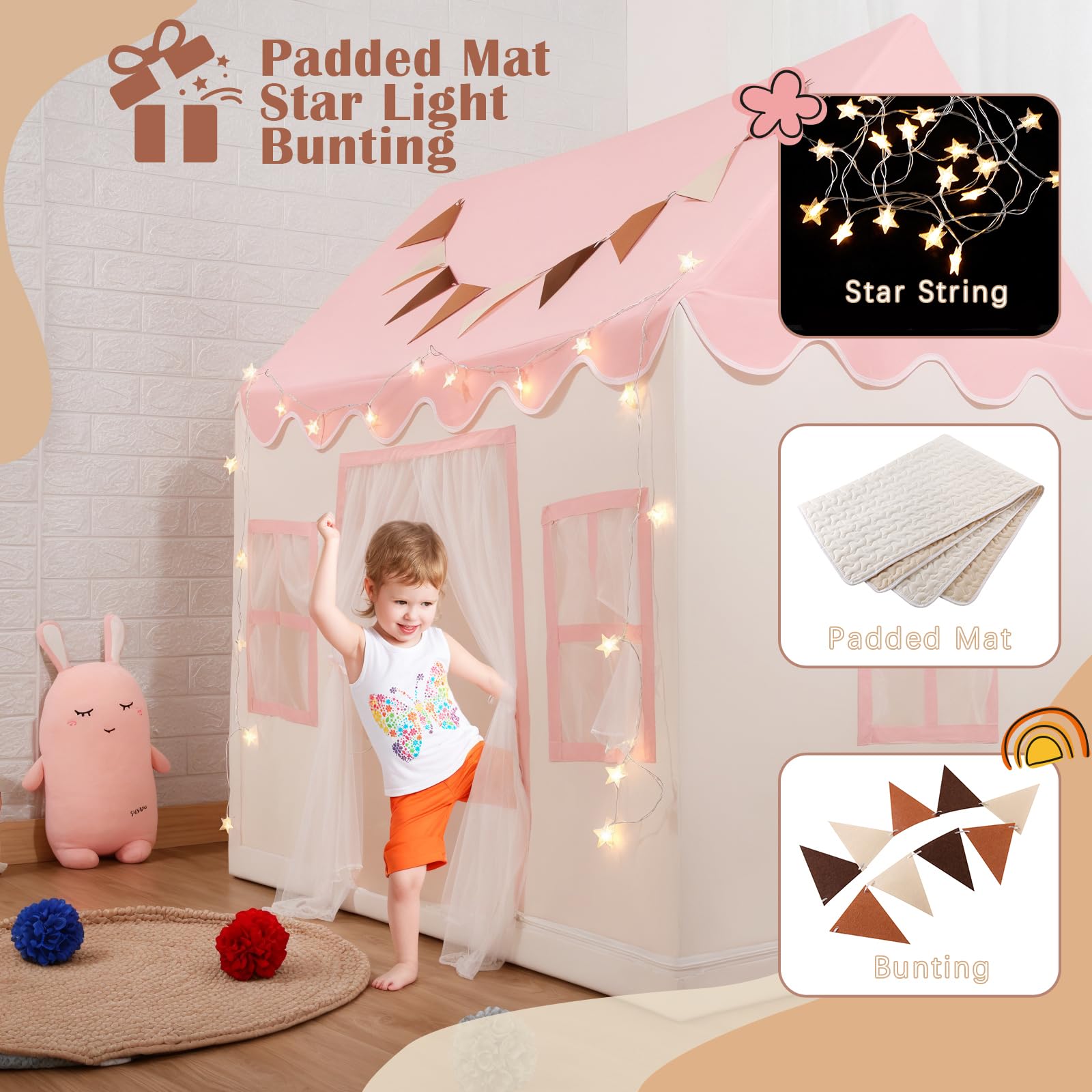 Hopeseily Kids Play Tent with Non-Slip Mat, Star String, Decorating Flag, Machine Washable Large Playhouse, Indoor and Outdoor Play Tent for Kids, Pink, 47" x 40" x 52"