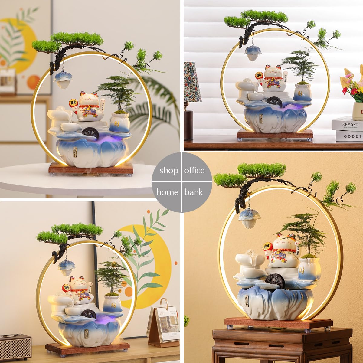 Indoor Tabletop Waterfall Fountain with Lucky Cat LED Light