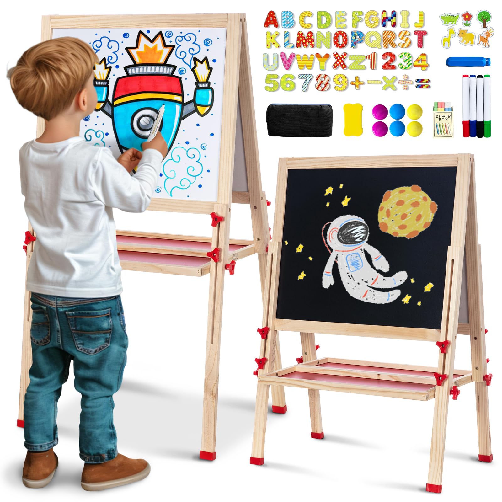 Adjustable Art Easel for Kids, Quick-Fold Kids Easel for Toddlers 3,4,5,6,7,8,9,10 Years, Double Sided Easel with Drawing Accessories, Gift & Drawing Supplies for Boys&Girls