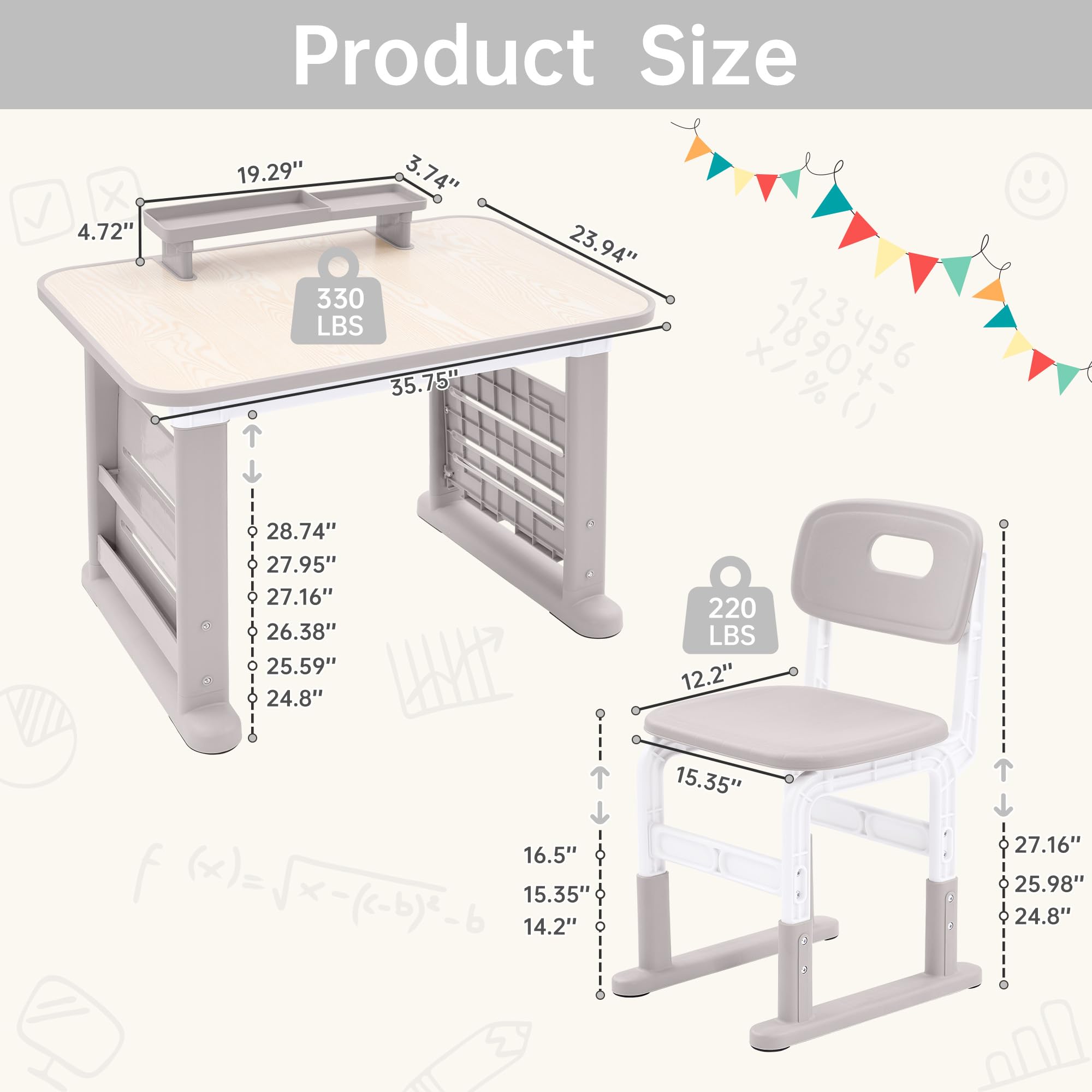 Height Adjustable Kids Desk and Chair Set with Storage