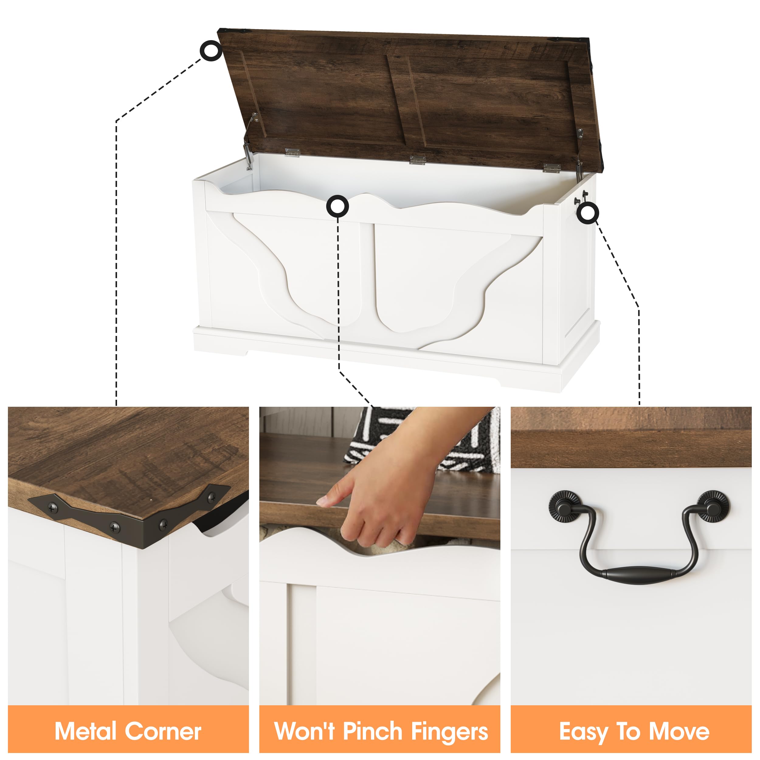 Storage Bench with Safety Hinges White Farmhouse Entryway Organizer