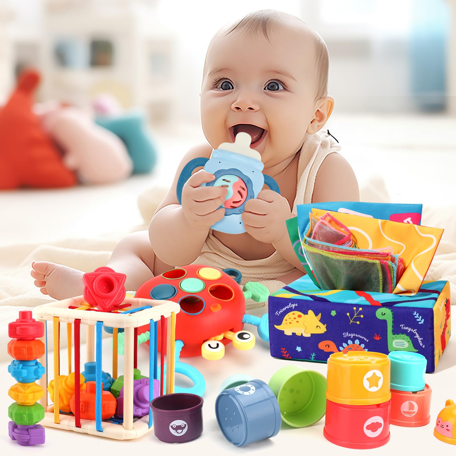 Montessori Baby Toy for 6 12 18 Months,Teether Rattle Toy Tissue Box Pull String Crab Toy