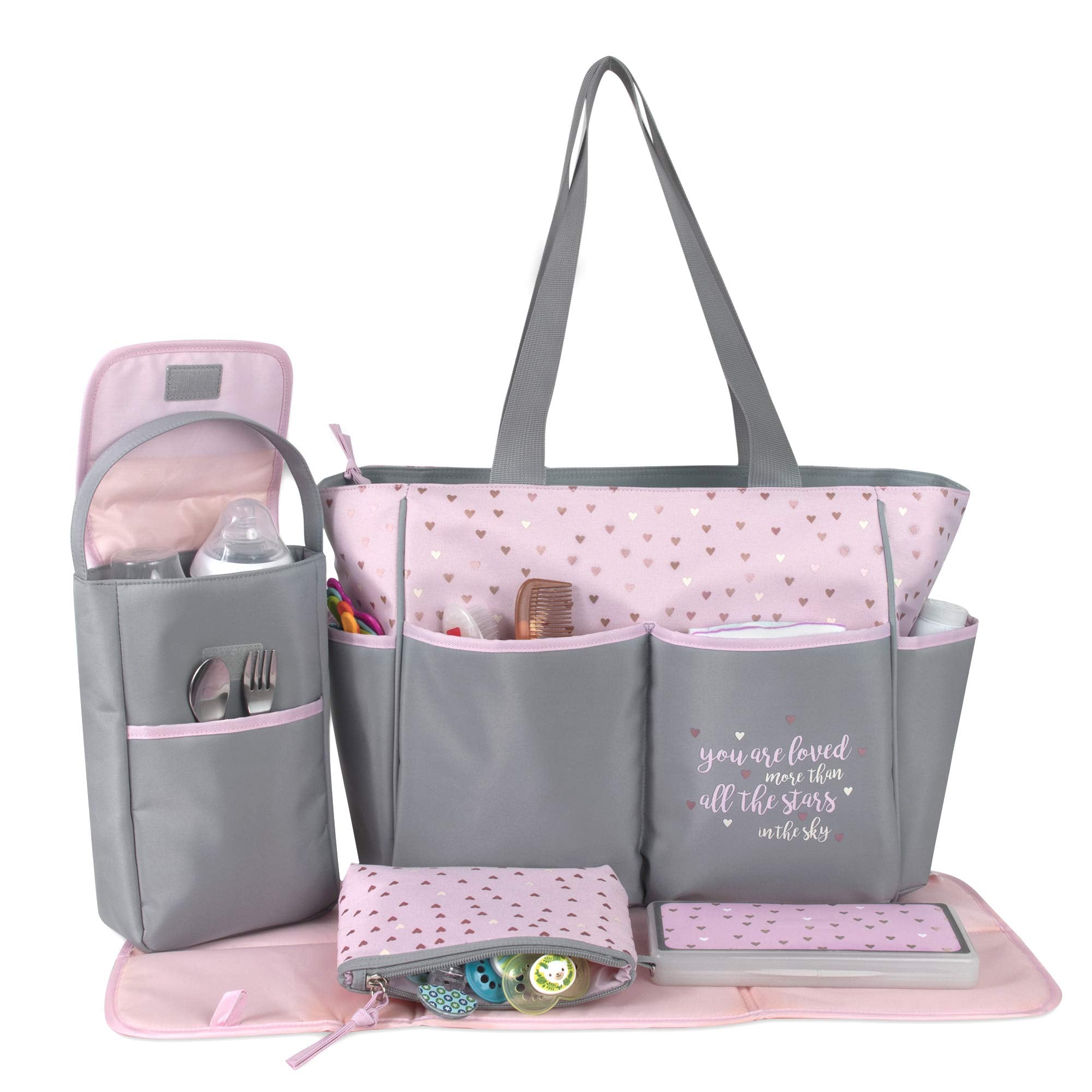 Diaper Bag Tote 5 Piece Set with Sun, Moon, and Stars, Wipes Pocket