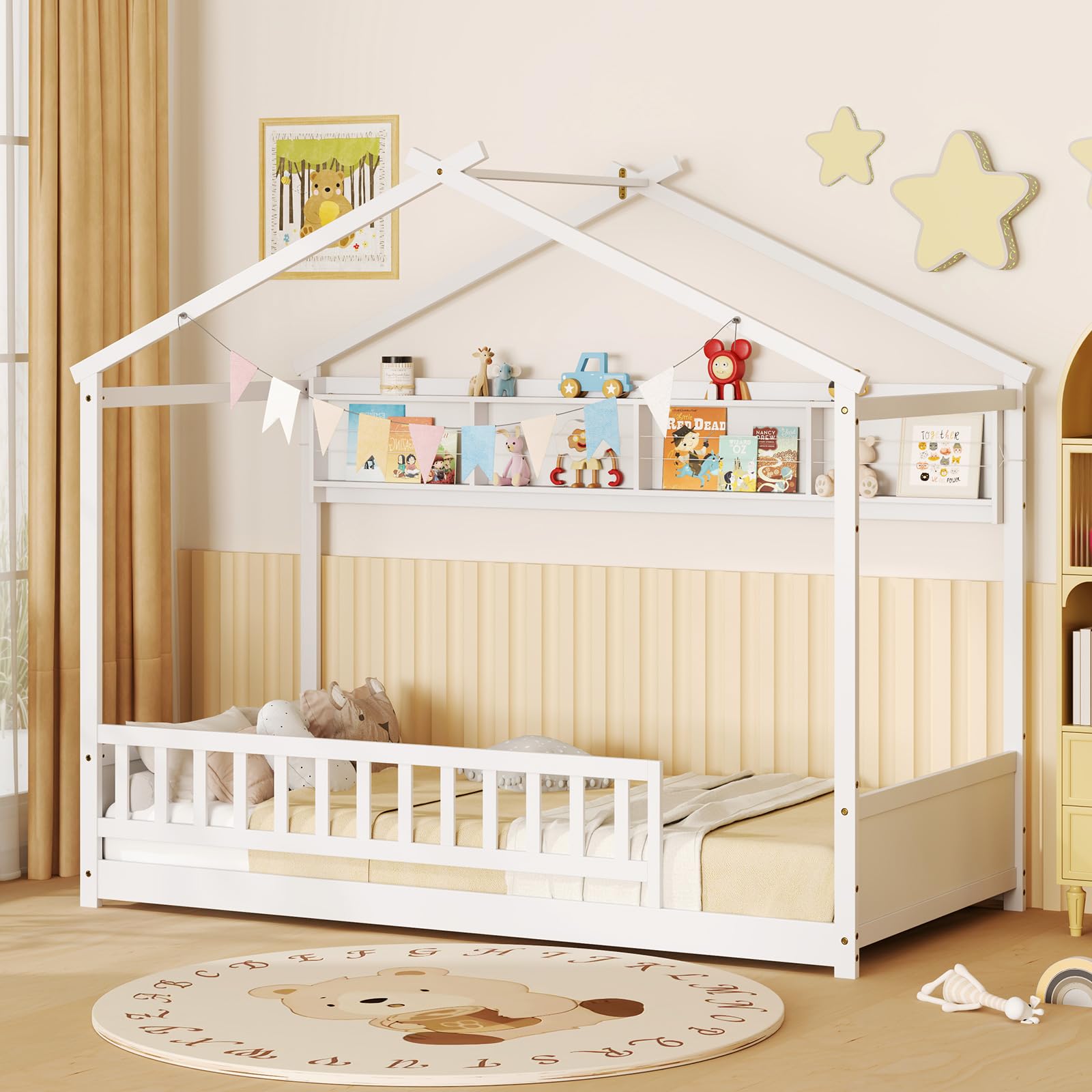 Twin Floor House Bed with Storage Shelf and Safety Guardrails