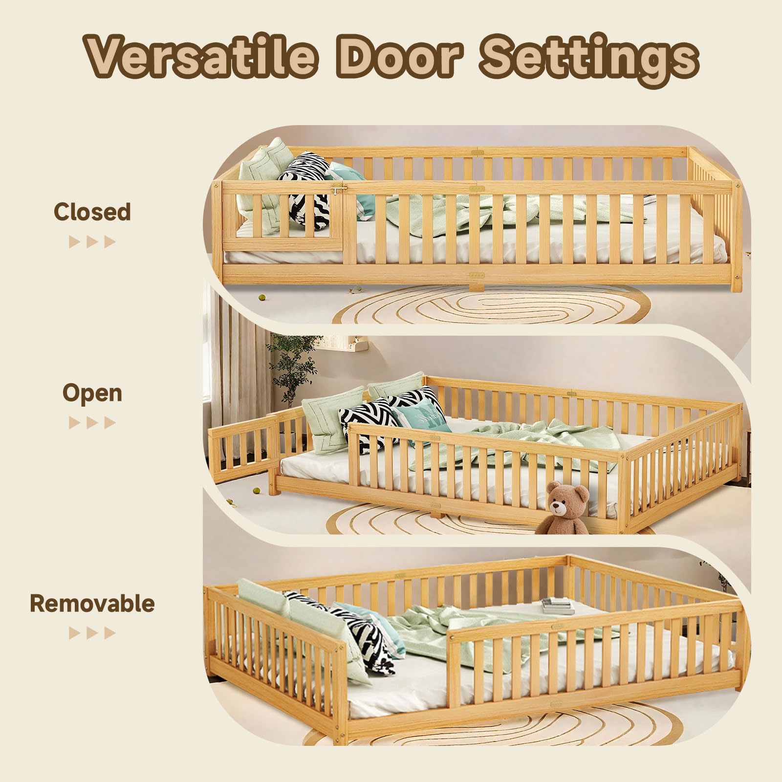Queen Montessori Floor Bed with Rails and Door