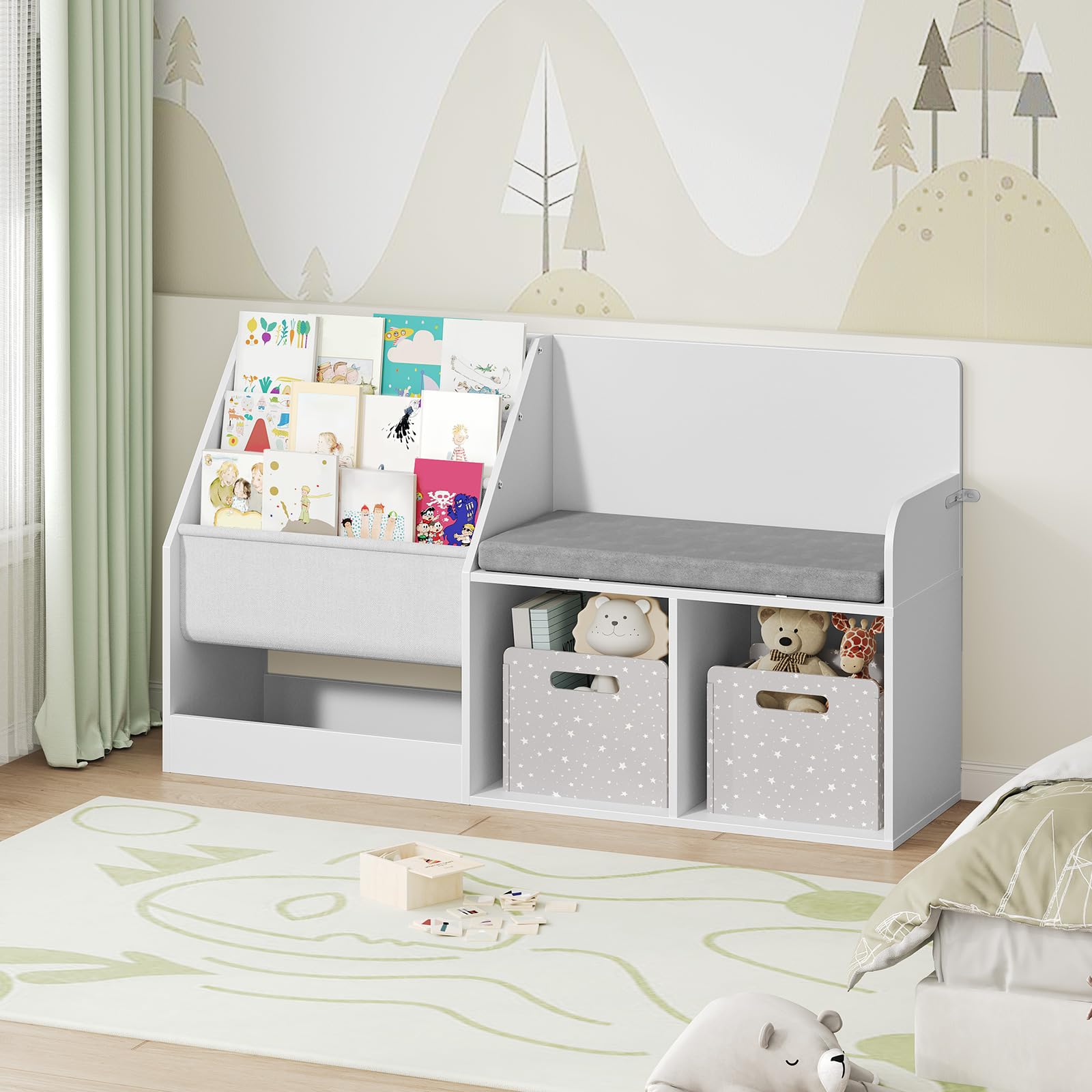 42.1" Kids Bookshelf with Reading Nook, Toy Storage Organizer