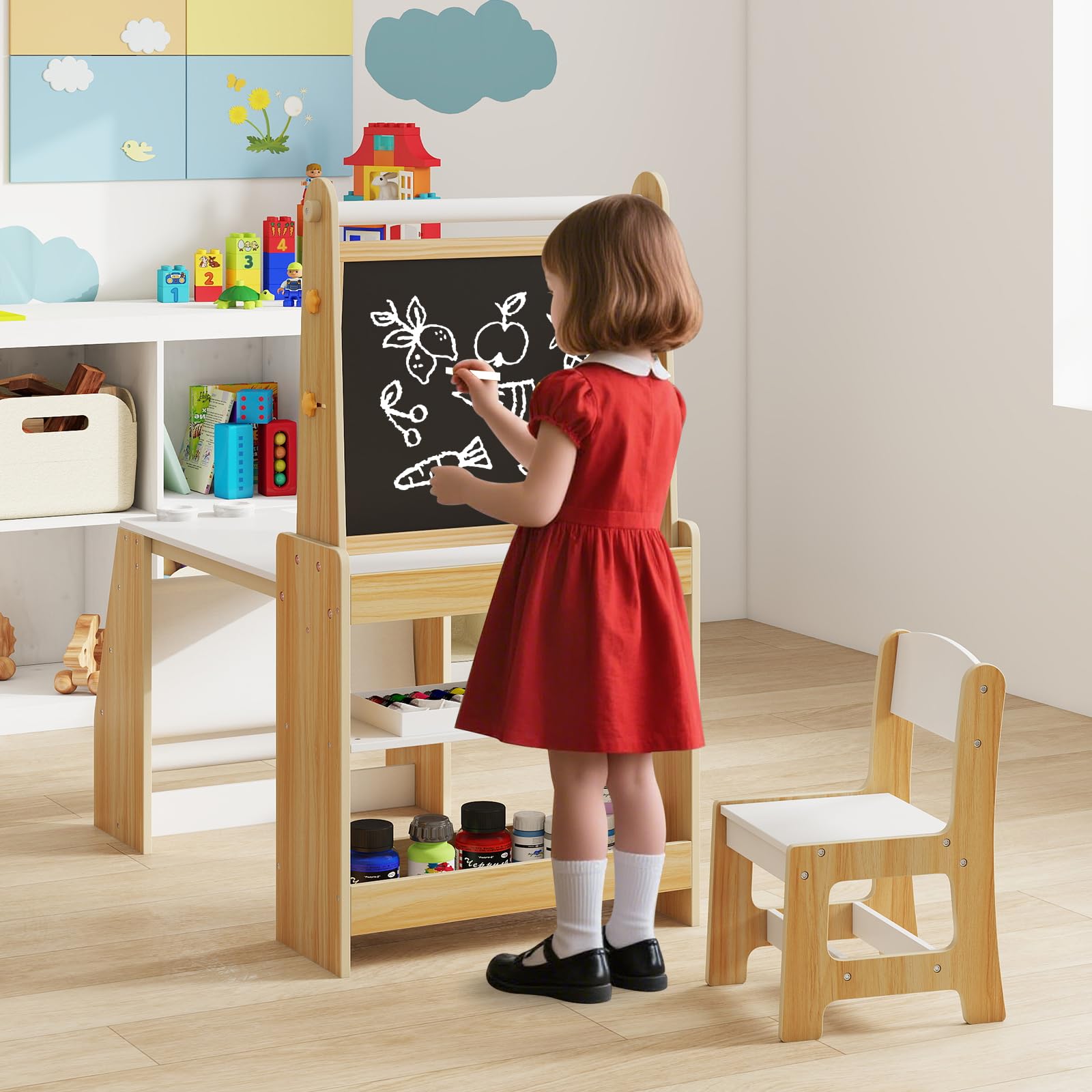 Kids Art Table and Chair Set, 4 in 1 Wooden Easel Activity Desk Set w/Whiteboard