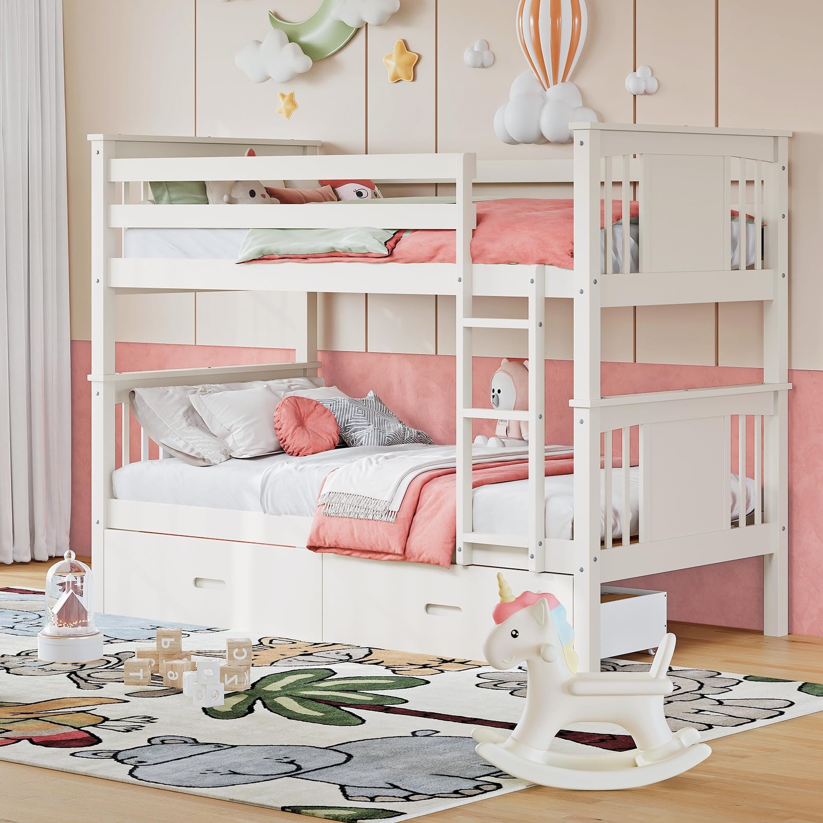 Twin Over Twin Bunk Bed with Storage Drawers and Ladder