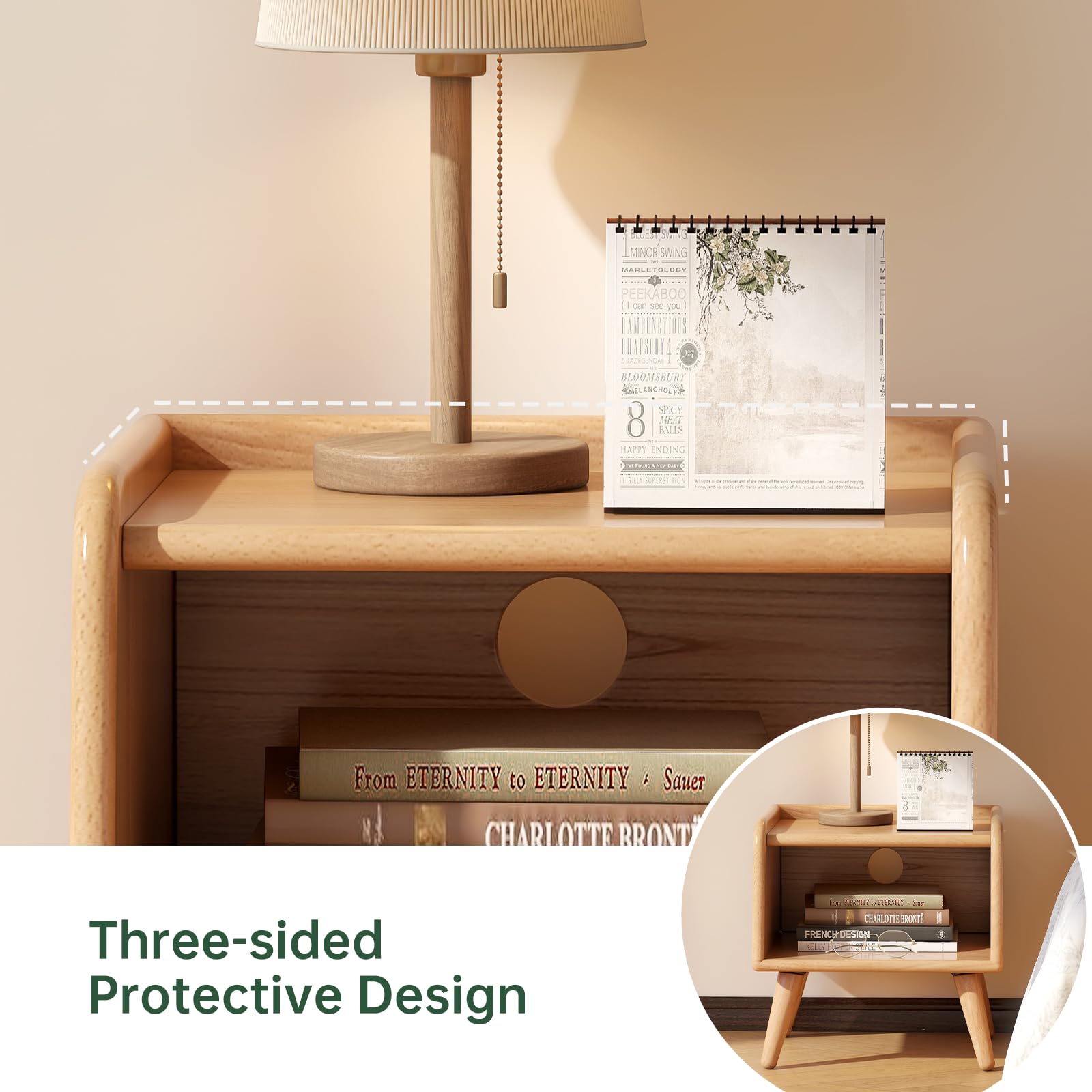 Solid Wood Nightstand with Open Storage Shelf
