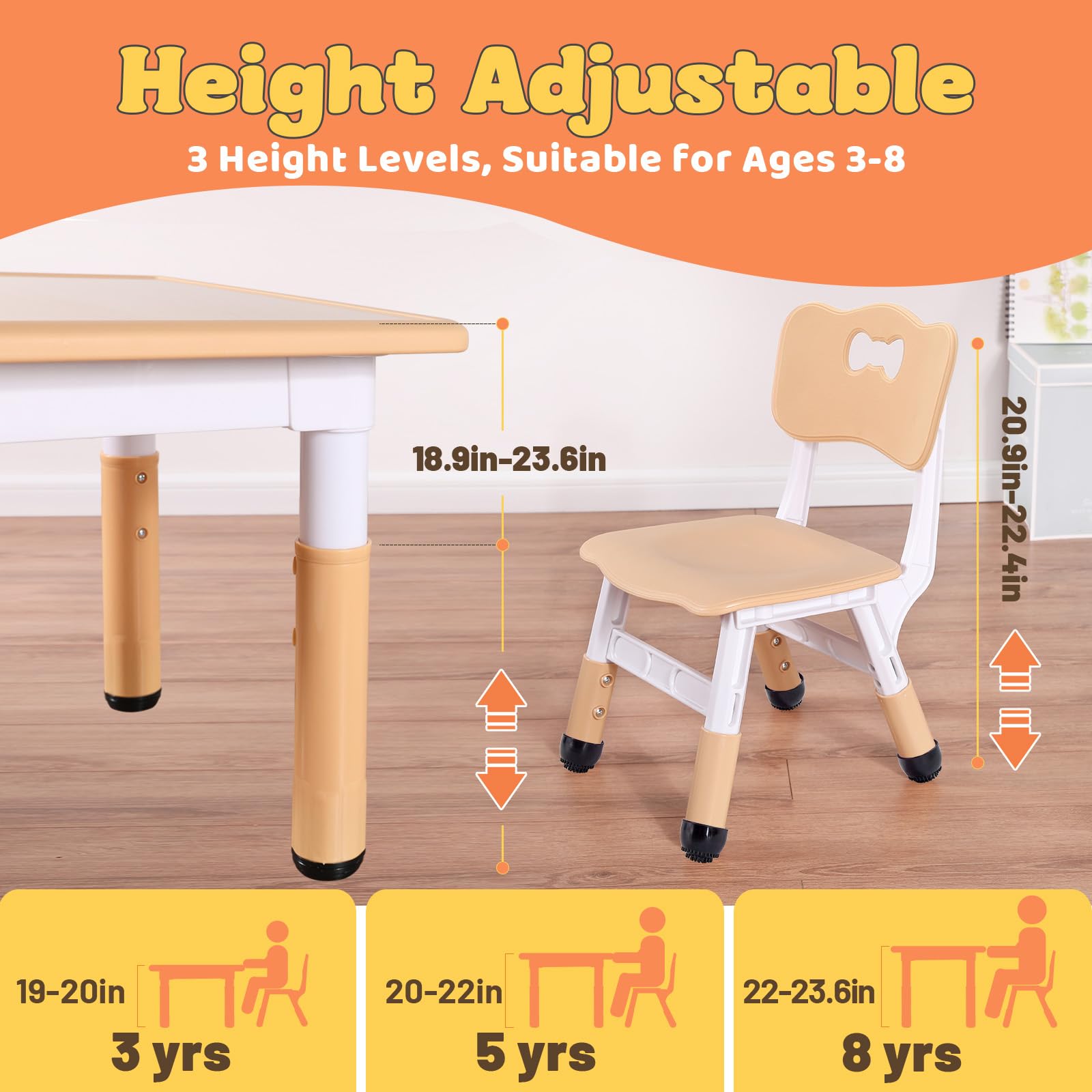 Height Adjustable Kids Table and Chair Set for Ages 3-8
