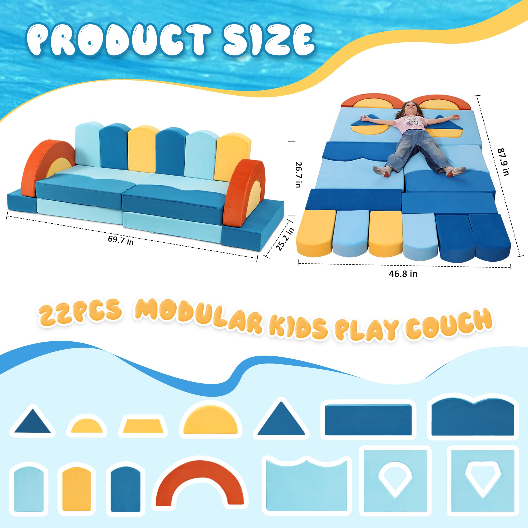 22-Piece Modular Kids Play Couch - Ocean Theme Convertible Furniture Set