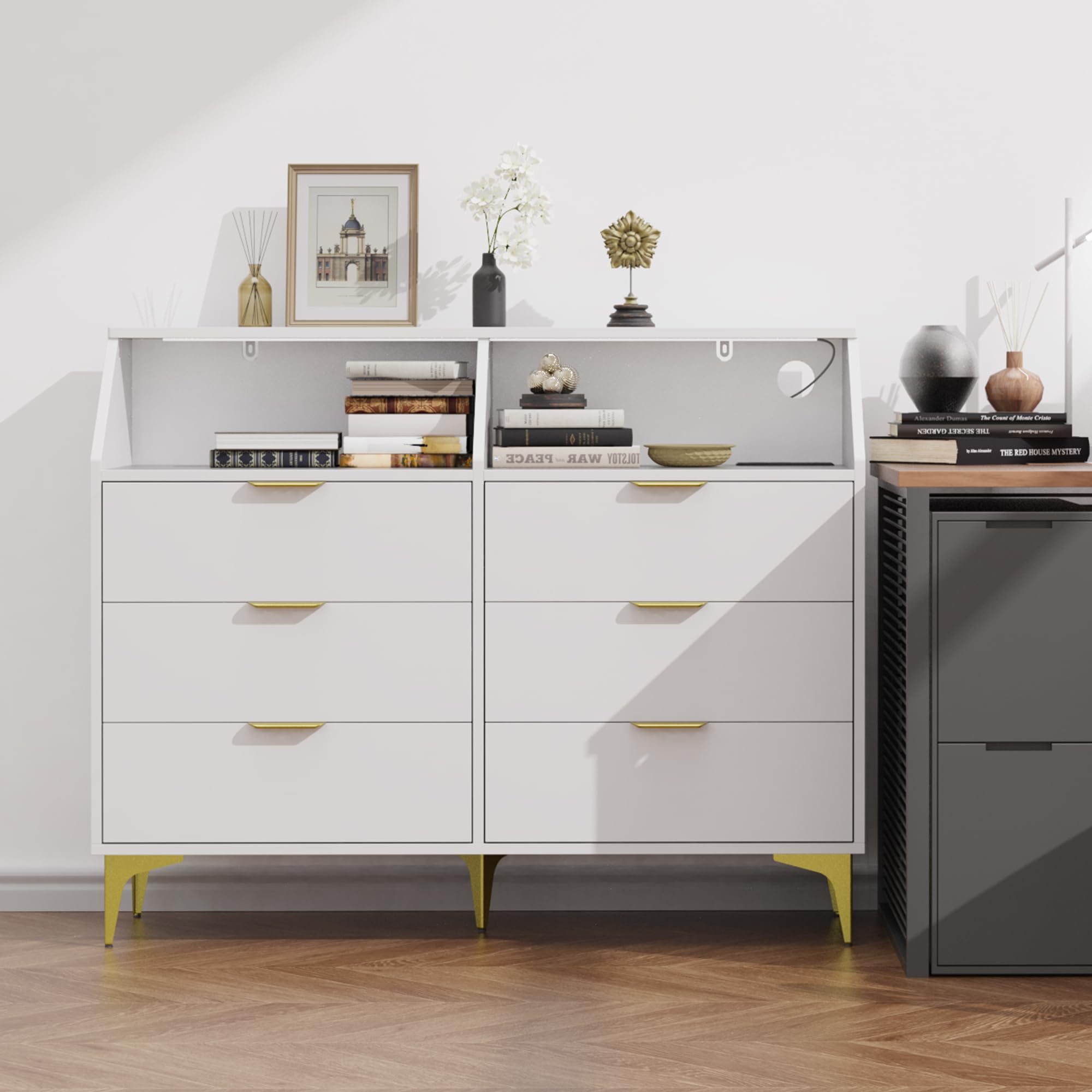 6 Drawer Dresser for Bedroom with Charging Station and LED Lights
