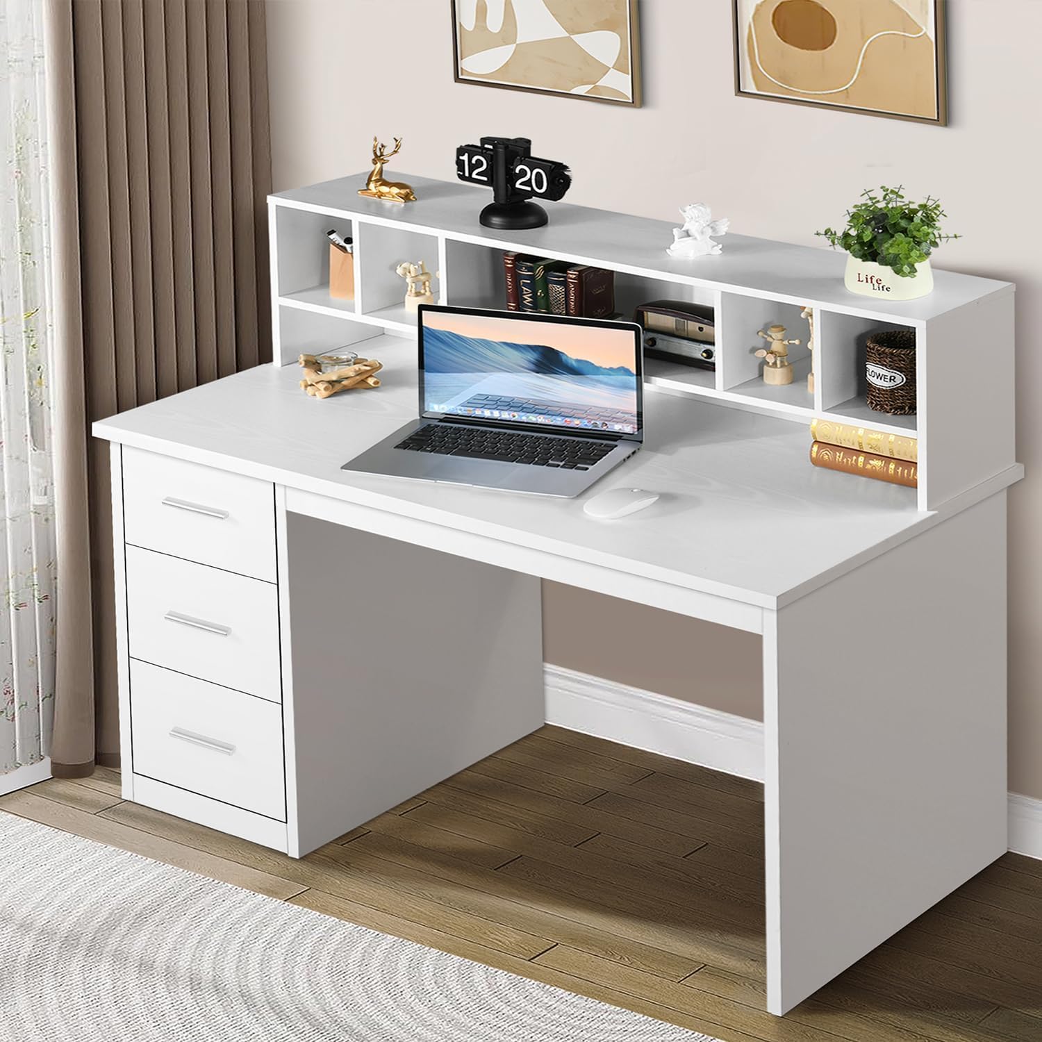White Desk with Storage Drawers and Hutch for Bedroom
