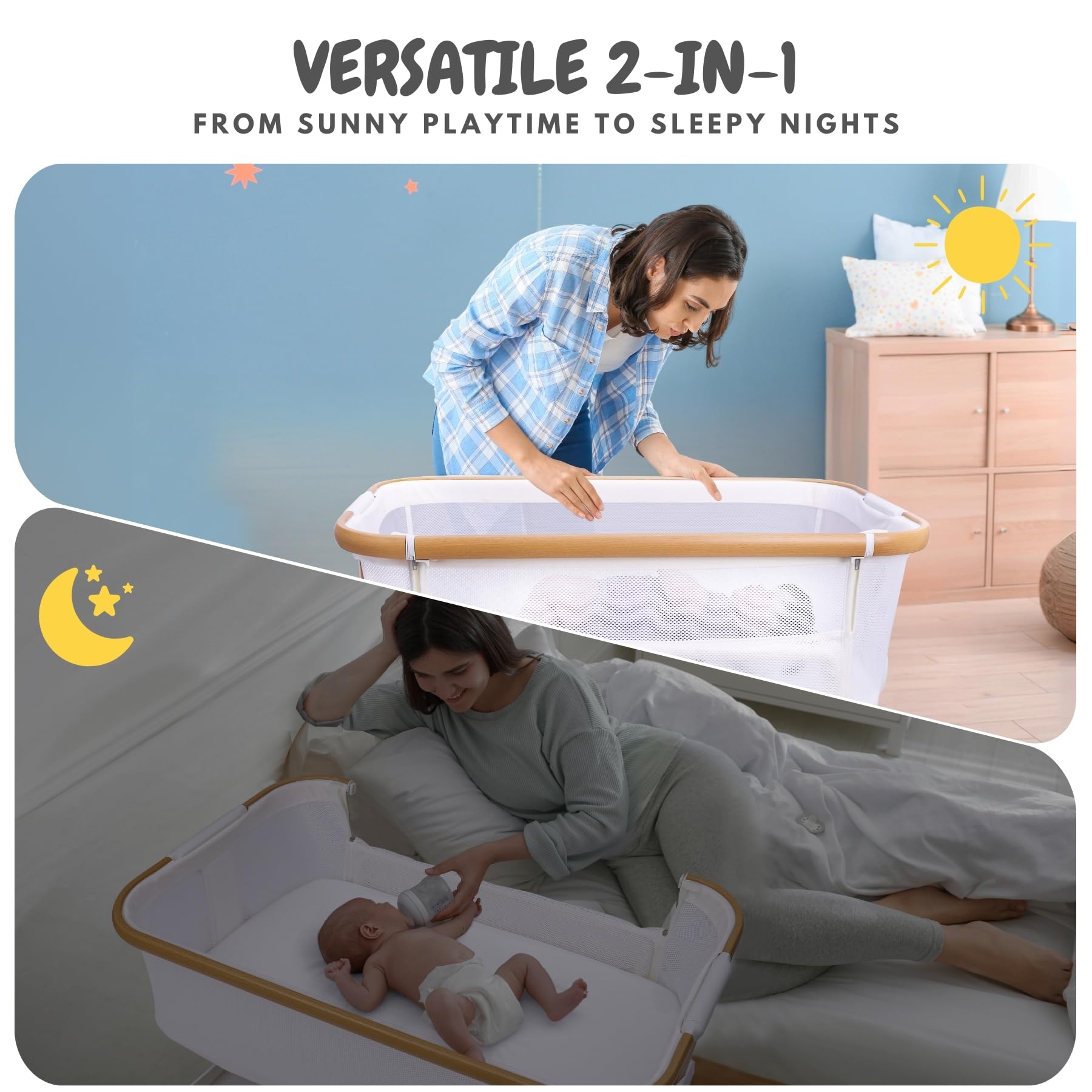 Baby Bassinet Bedside Sleeper 2 in 1 with Wheels