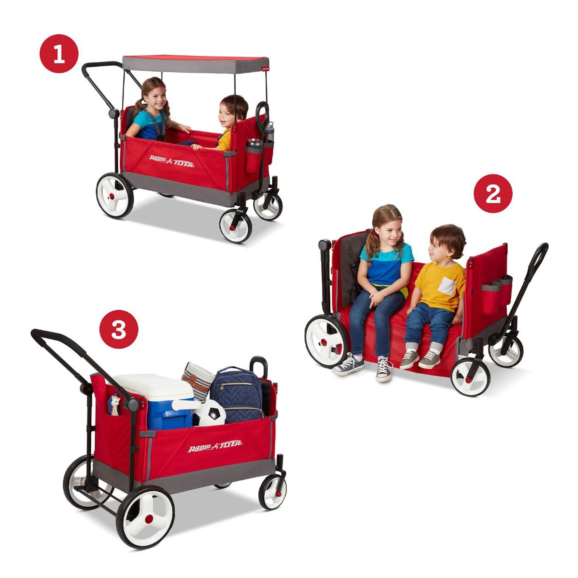 Stroller Wagon with 5-Point Harnesses, Rear Brake, and Push Pull Handle, Red