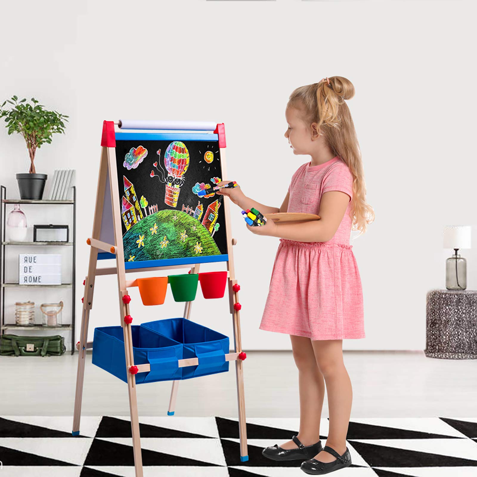 ERYOK Kid's Art Easel with Adjustable Double-sided Magnetic Board, Paper Roll, Storage and Accessories, Standing Art Easel for Kids (31-55.5 inches)