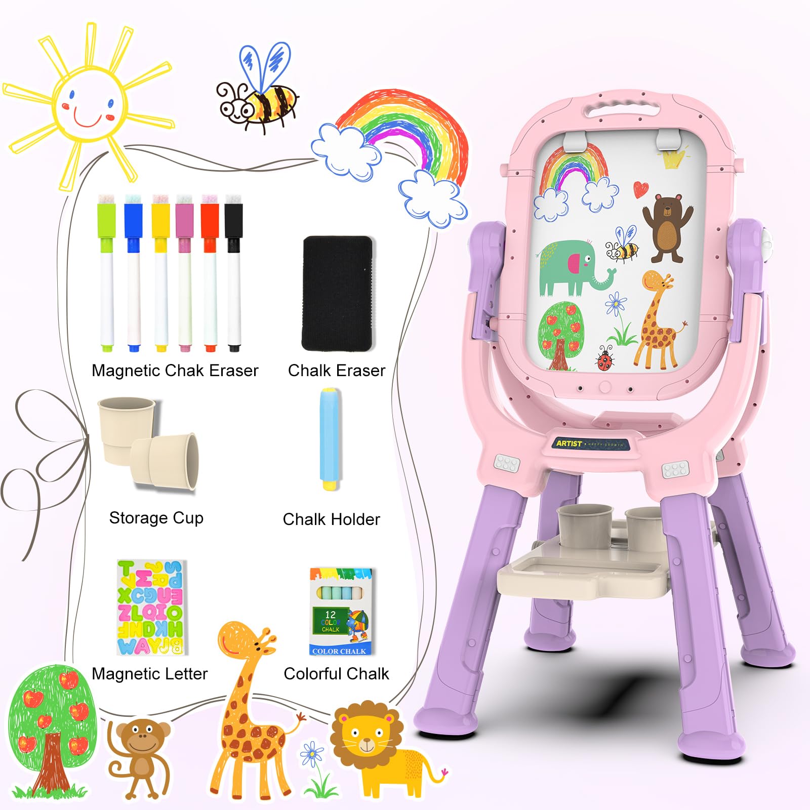 PUPPSITTY Easel for Kids, Adjustable Standing Rotatable Double Sided Toddlers Art Easel with Painting Accessories, Drawing Board Gift for Boys and Girls, Pink