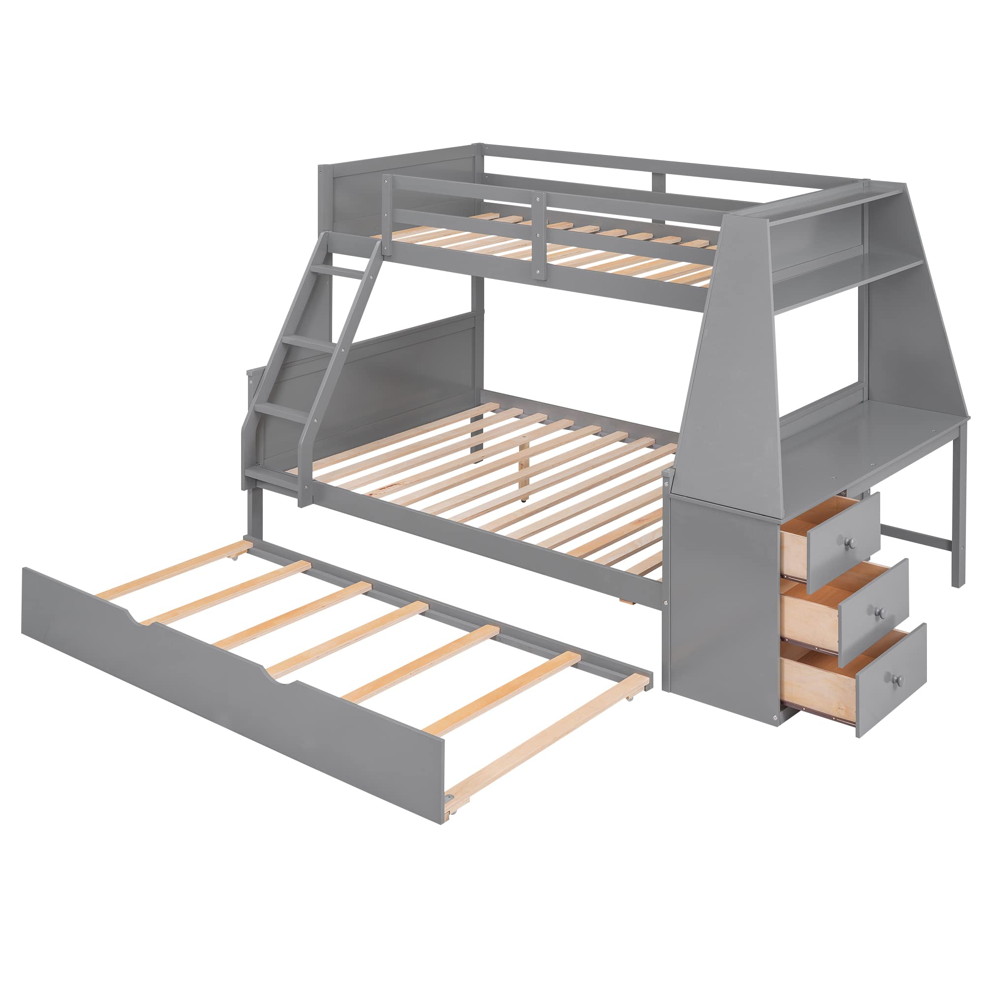 Twin Over Full Bunk Bed with Trundle and Built-in Desk