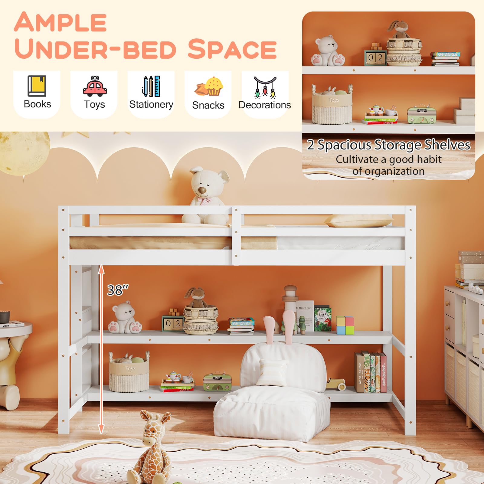 Twin Low Loft Bed with Storage Shelves and Ladder