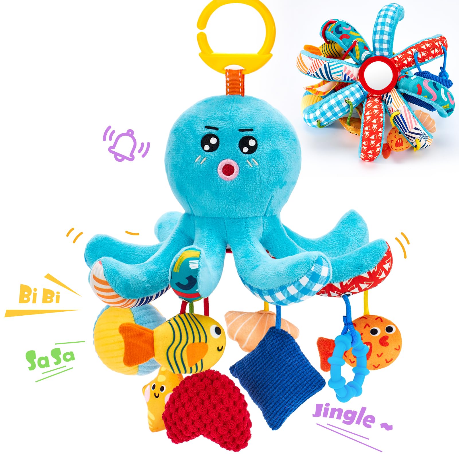 Baby Toys 0-6 Months - Car Seat Toys Octopus Toy with Pulling Cords